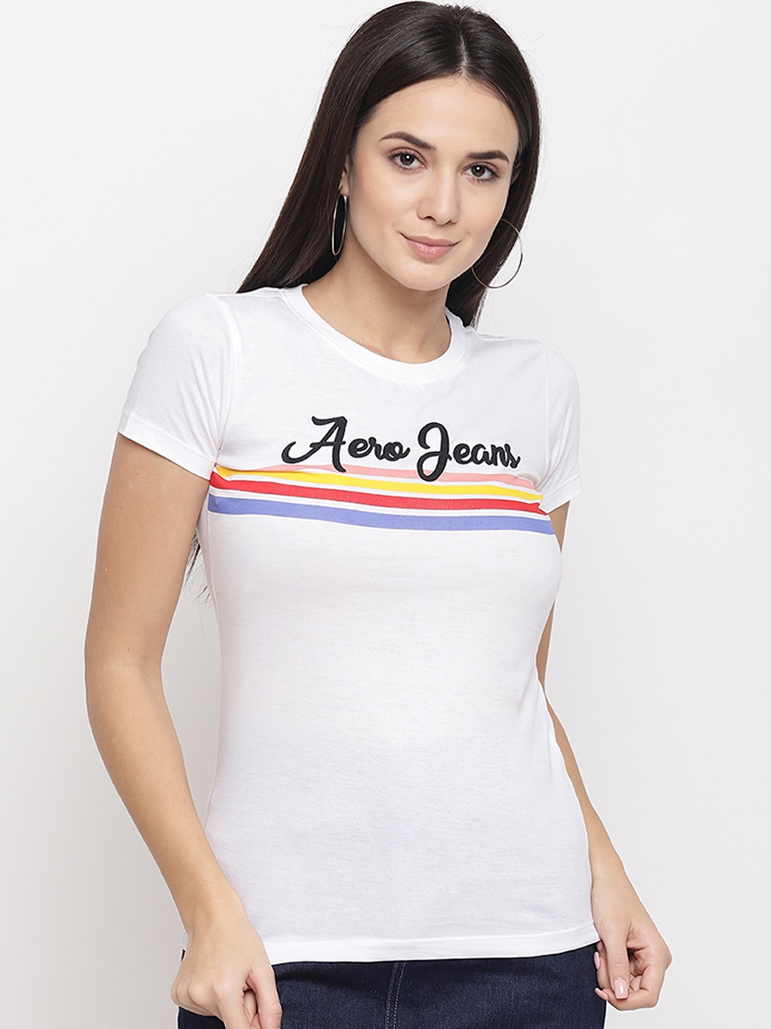 

Aeropostale Women White & Yellow Printed Round Neck T-shirt