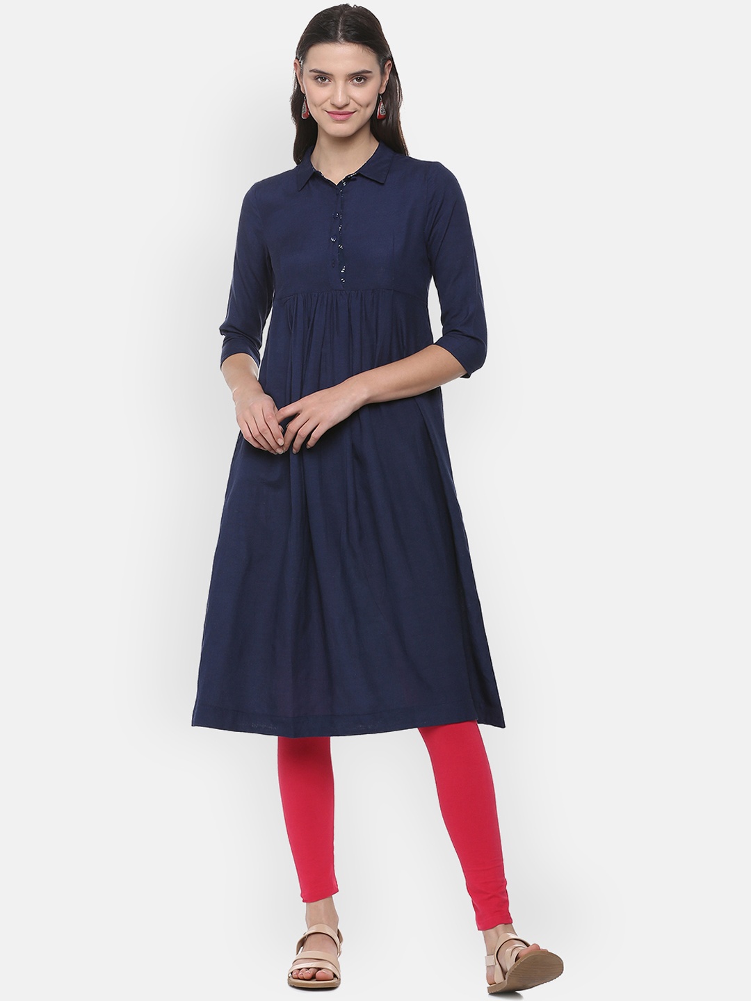 

People Women Navy Blue Solid A-Line Kurta
