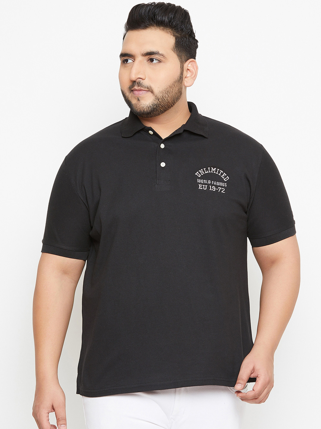

bigbanana Plus Size Men Black Solid Polo Collar Pure Cotton T-shirt