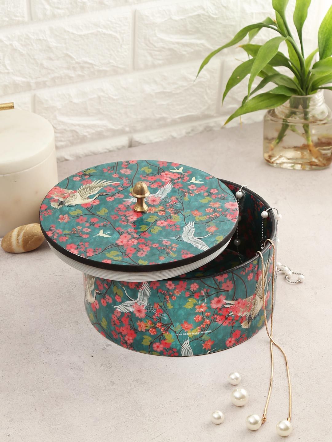 

India Circus by Krsnaa Mehta Green & Pink Flight of Cranes Round Storage Box