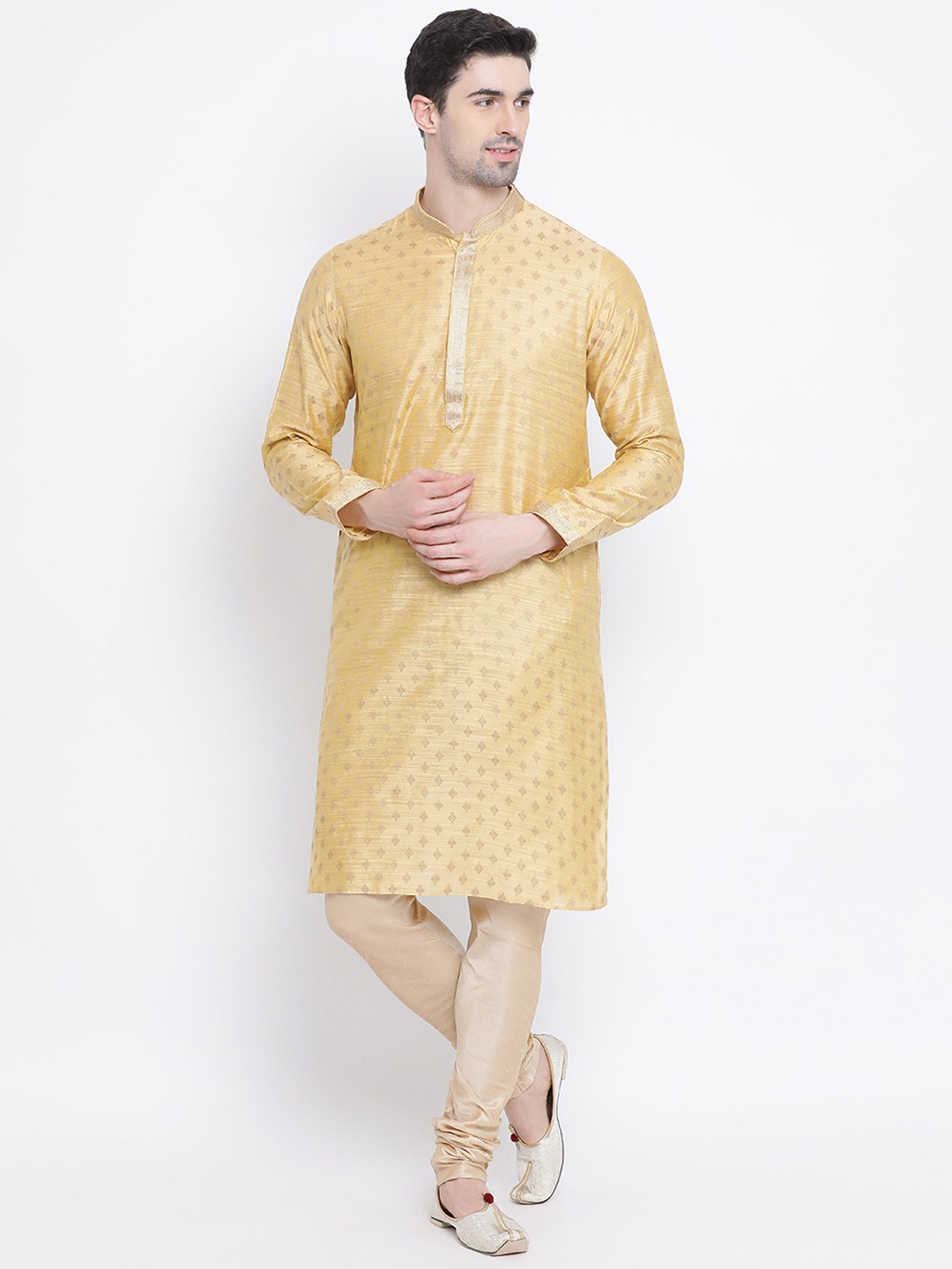 

Sanwara Men Gold-Coloured Woven Design Straight Kurta