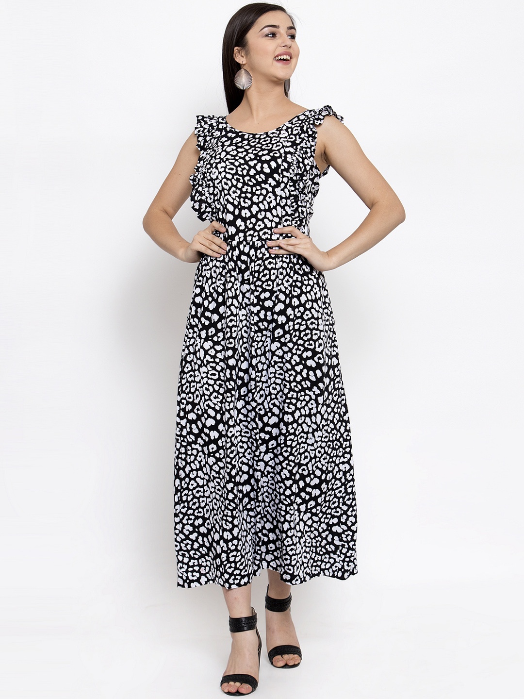 

Ayaany Women Black Printed Fit and Flare Dress