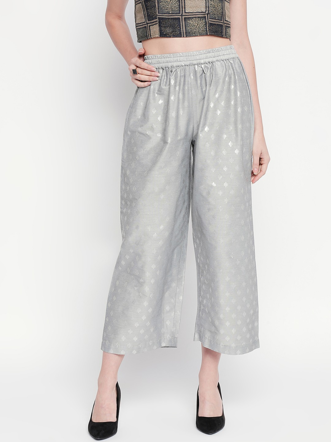 

RANGMANCH BY PANTALOONS Women Silver-Toned Printed Trousers