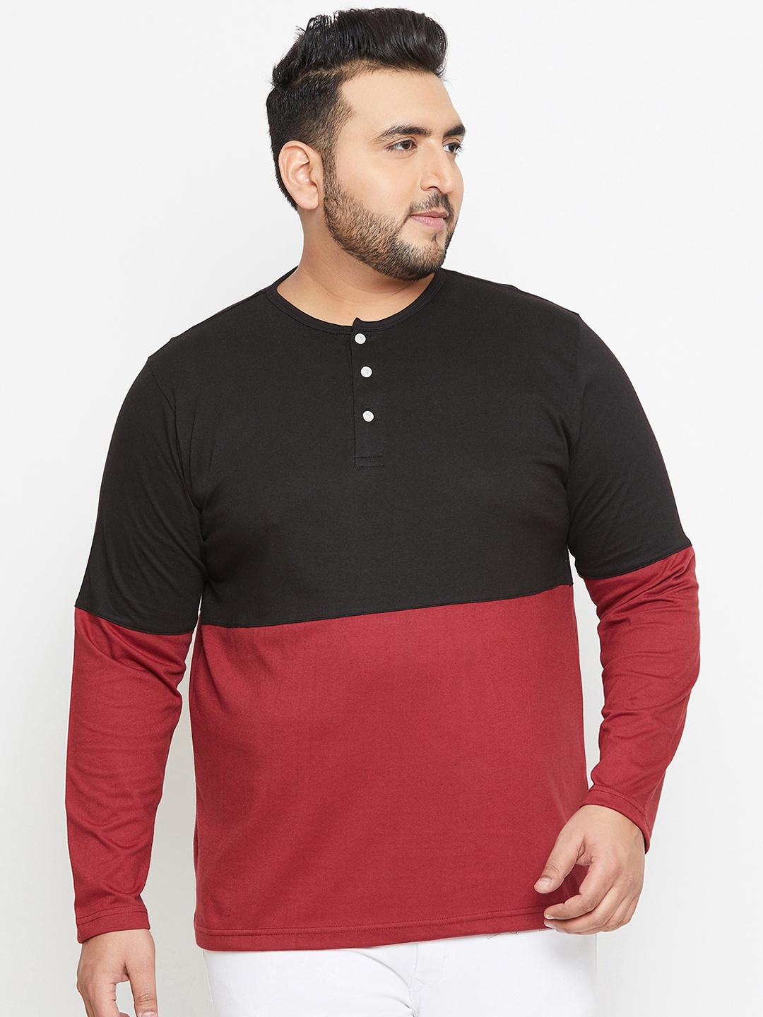 

bigbanana Plus Size Men Black Colourblocked Henley Neck Pure Cotton T-shirt