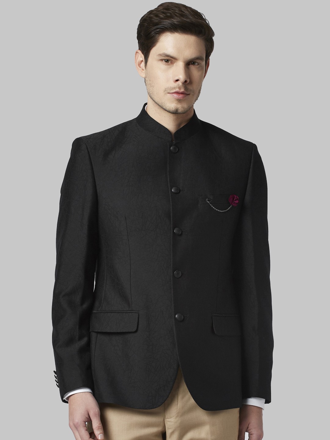 

Park Avenue Men Black Self-Design Single Breasted Bandhgala Blazer