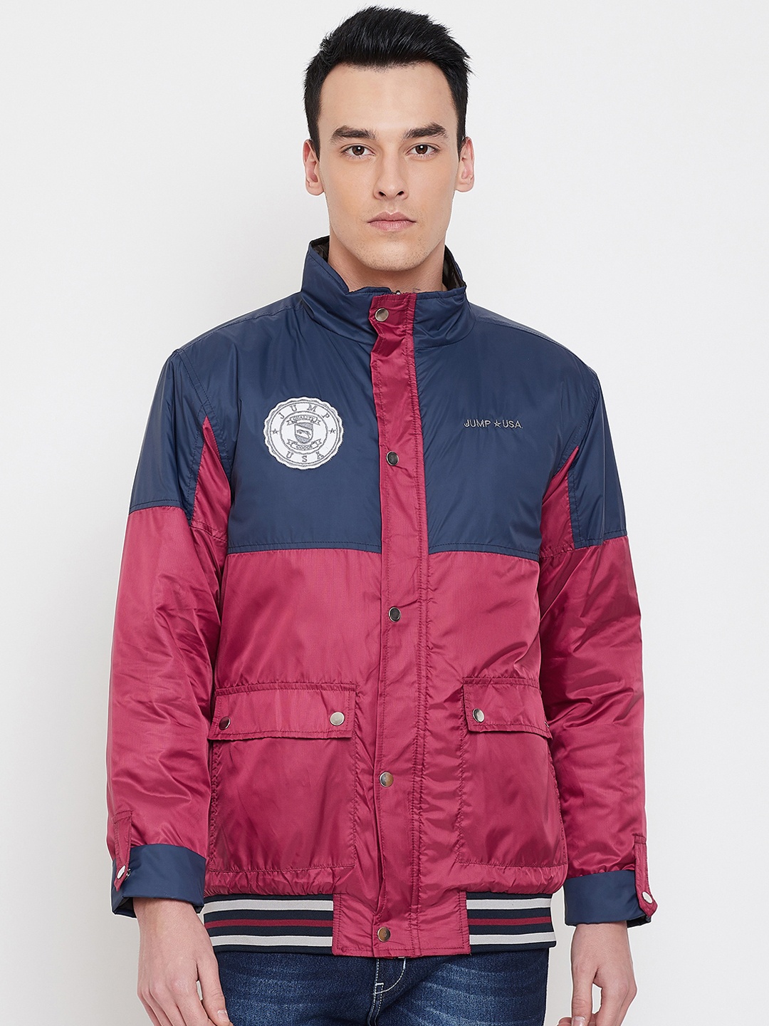

JUMP USA Men Navy Blue & Red Colourblocked Lightweight Bomber Jacket