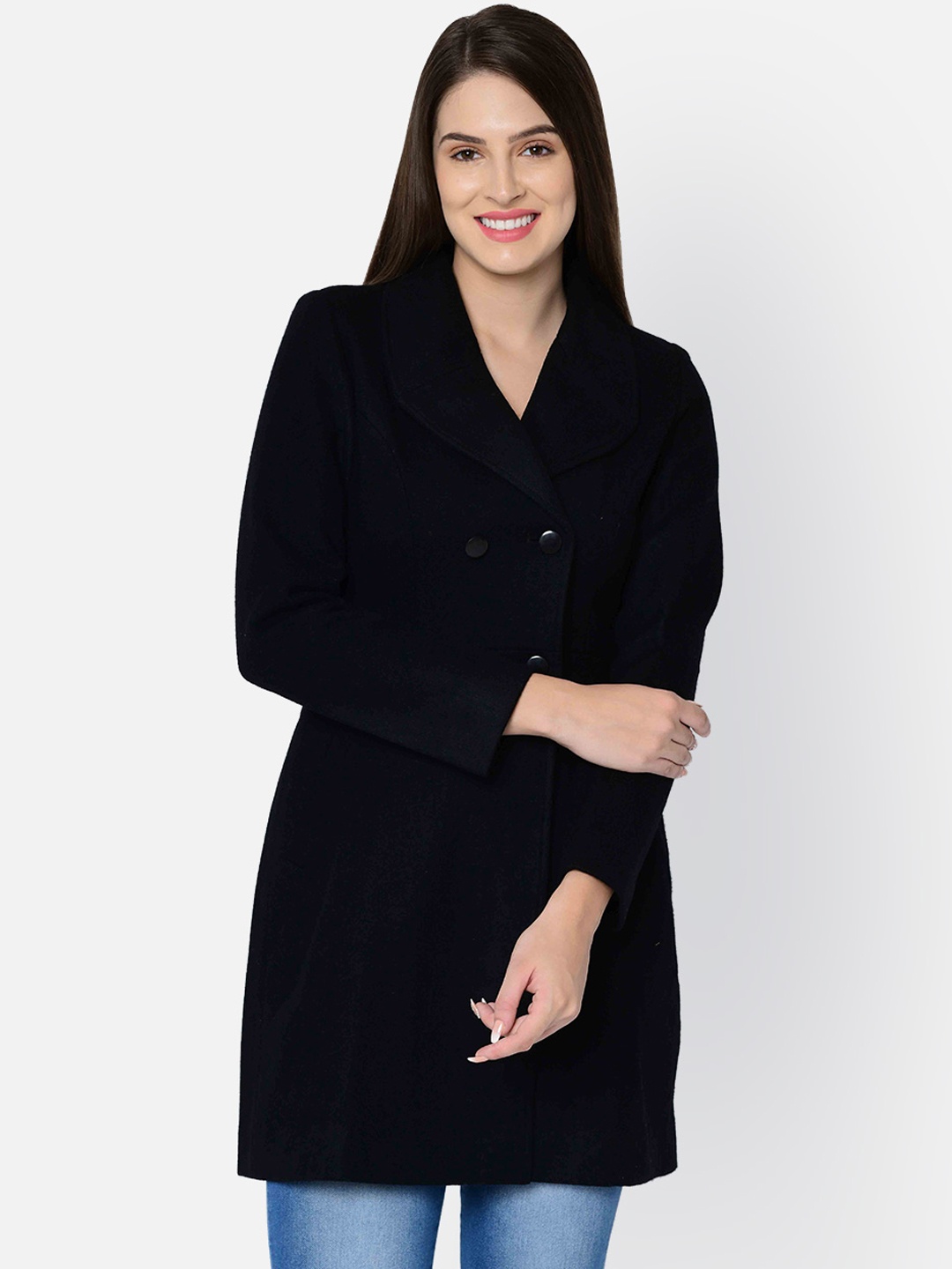 

Owncraft Women Black Solid Double-Breasted Longline Woolen Overcoat