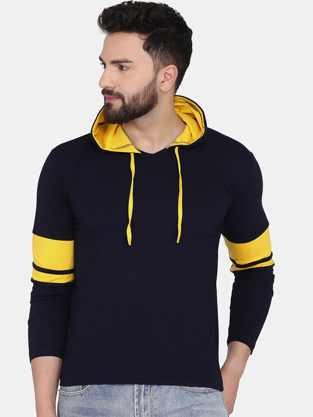 

KATSO Men Navy Blue Solid Hood T-shirt
