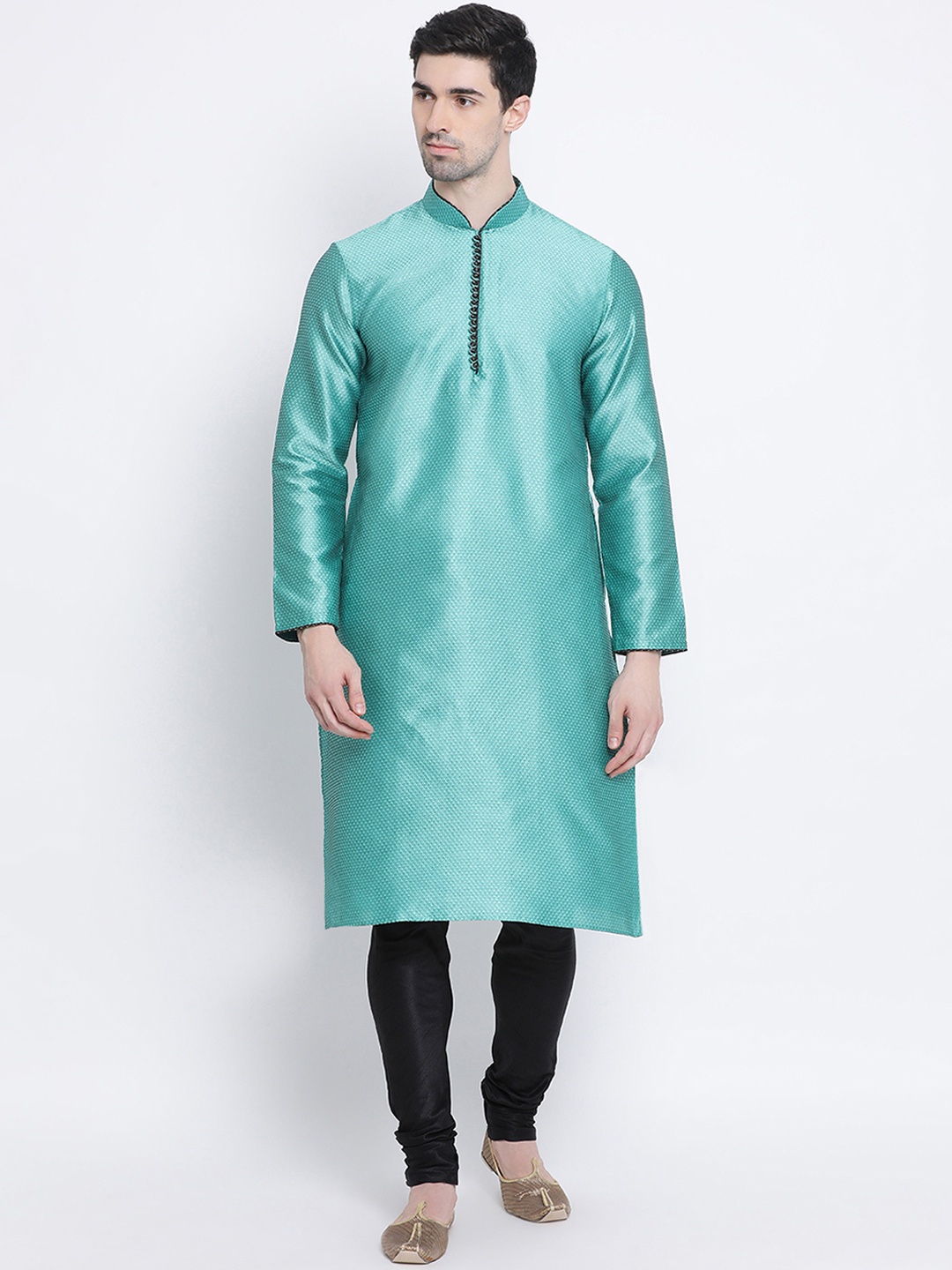 

Sanwara Men Teal Woven Design Silk Straight Kurta