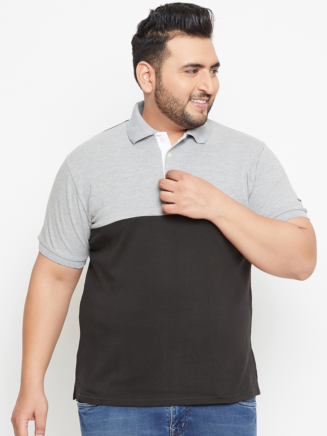 

bigbanana Plus Size Men Grey Colourblocked Polo Collar Pure Cotton T-shirt
