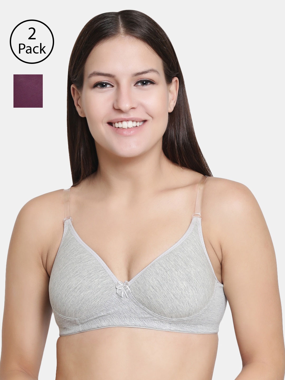 

Floret Pack Of 2 Solid Non-Wired Lightly Padded T-shirt Bra F20560, Grey melange