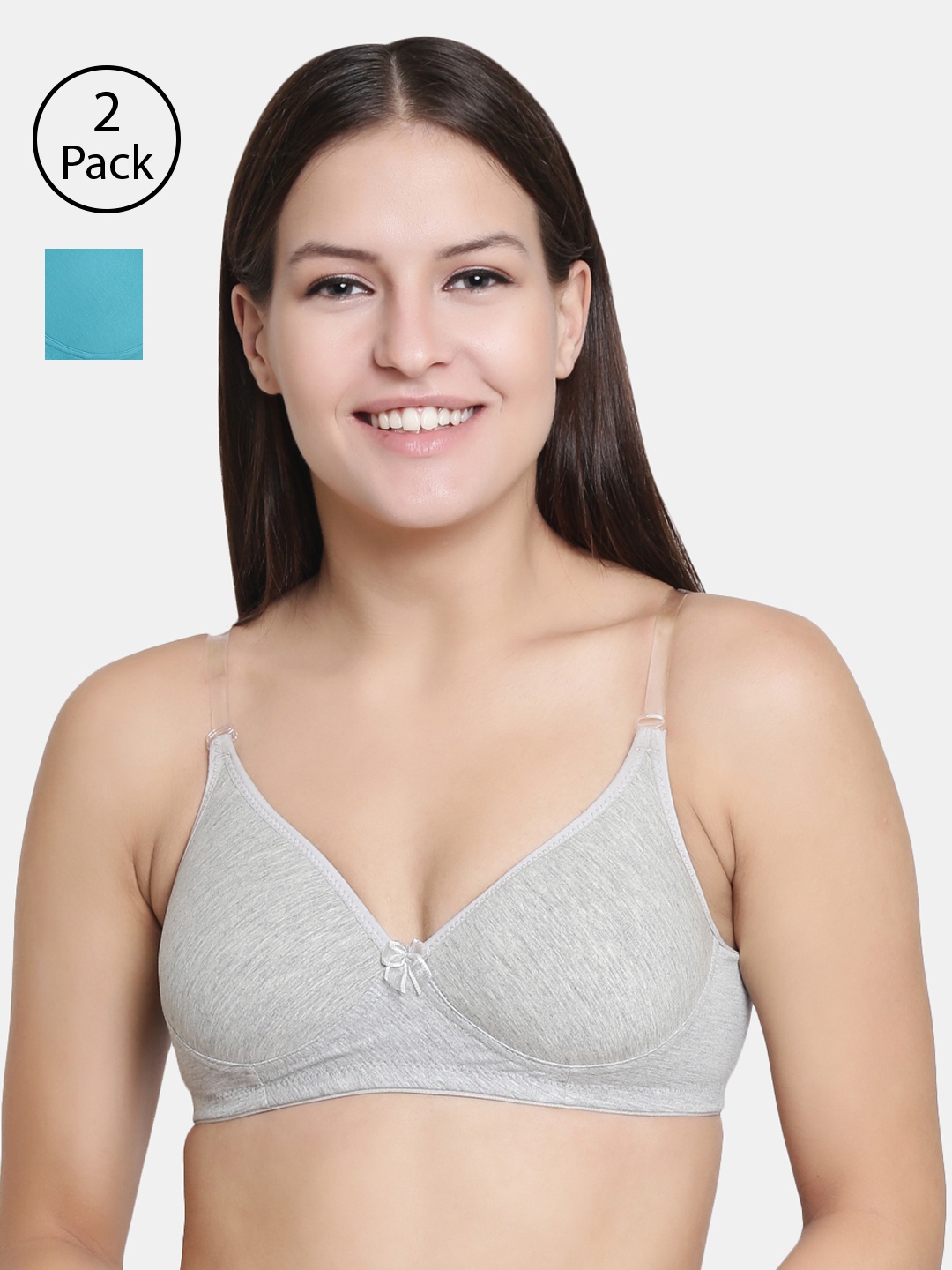 

Floret Grey Melange & Blue Solid Non-Wired Lightly Padded T-shirt Bras F20560