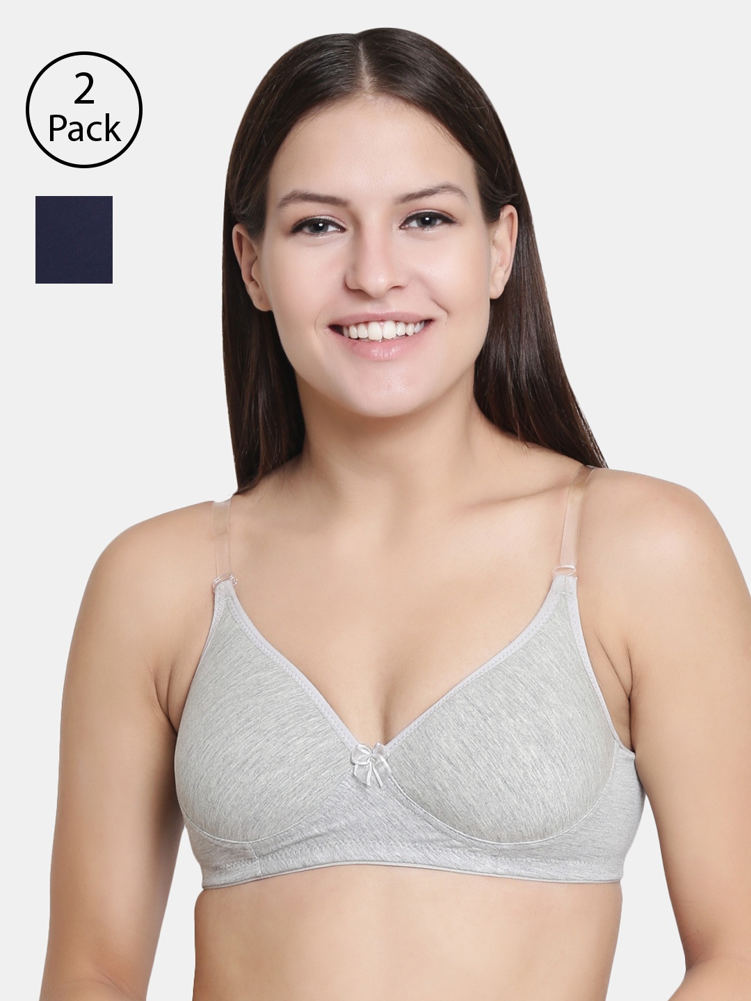 

Floret Grey Melange & Navy Blue Solid Non-Wired Lightly Padded T-shirt Bra F20560