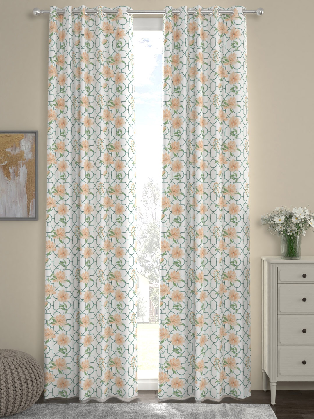 

ROSARA HOME White & Orange Set of 2 Long Door Curtains