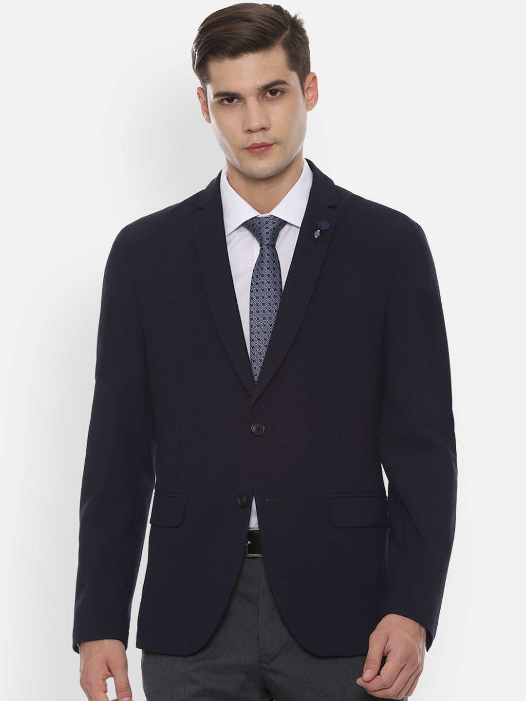

V Dot Men Navy-Blue Checked Single-Breasted Slim-Fit Blazer
