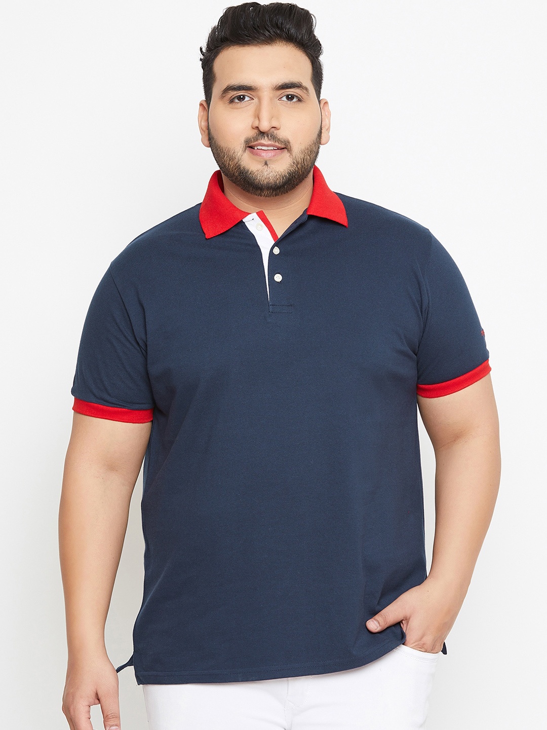 

bigbanana Plus Size Men Navy Blue Solid Polo Collar Pure Cotton T-shirt