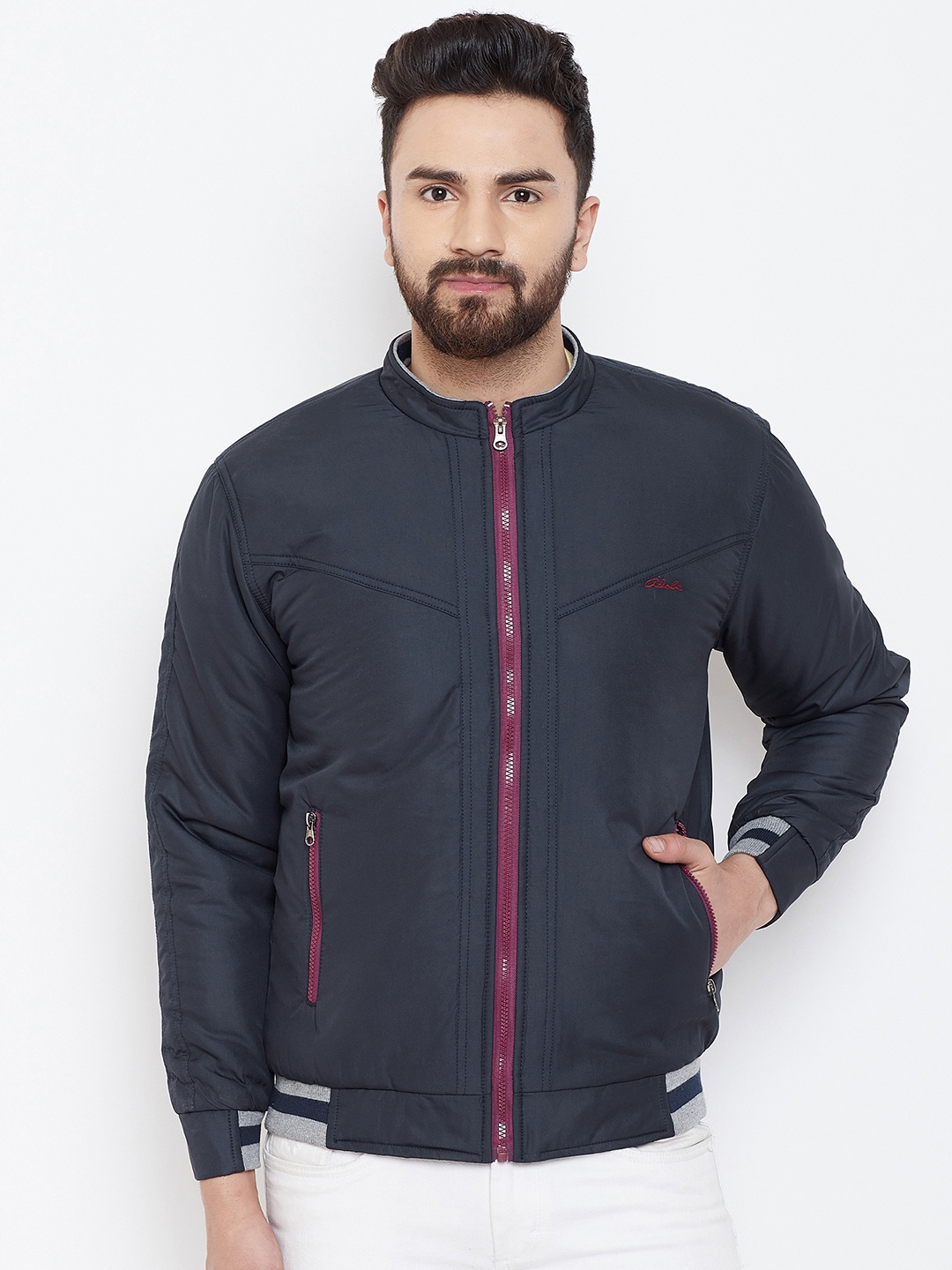 

Adobe Men Navy Blue Solid Padded Jacket