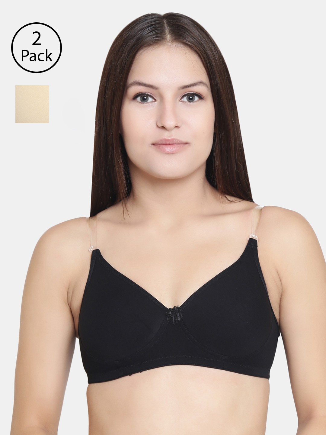 Floret Set Of 2 Beige & Black Solid Non-Wired Lightly Padded T-shirt Bra