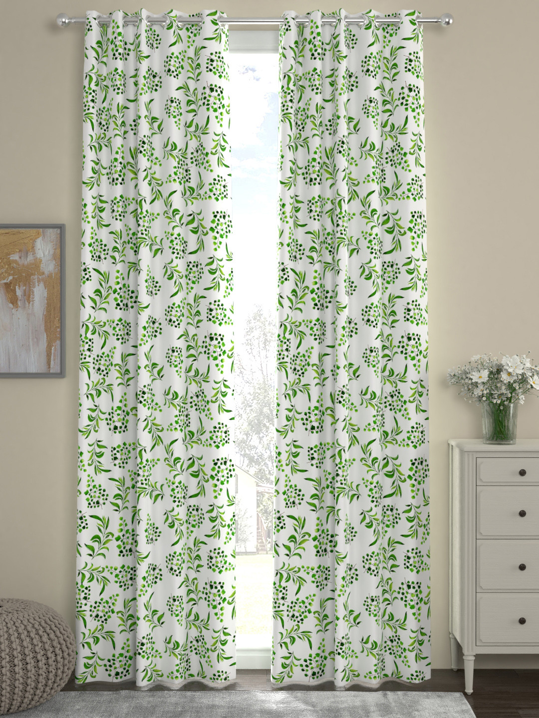 

ROSARA HOME White & Green Set of 2 Long Door Curtains