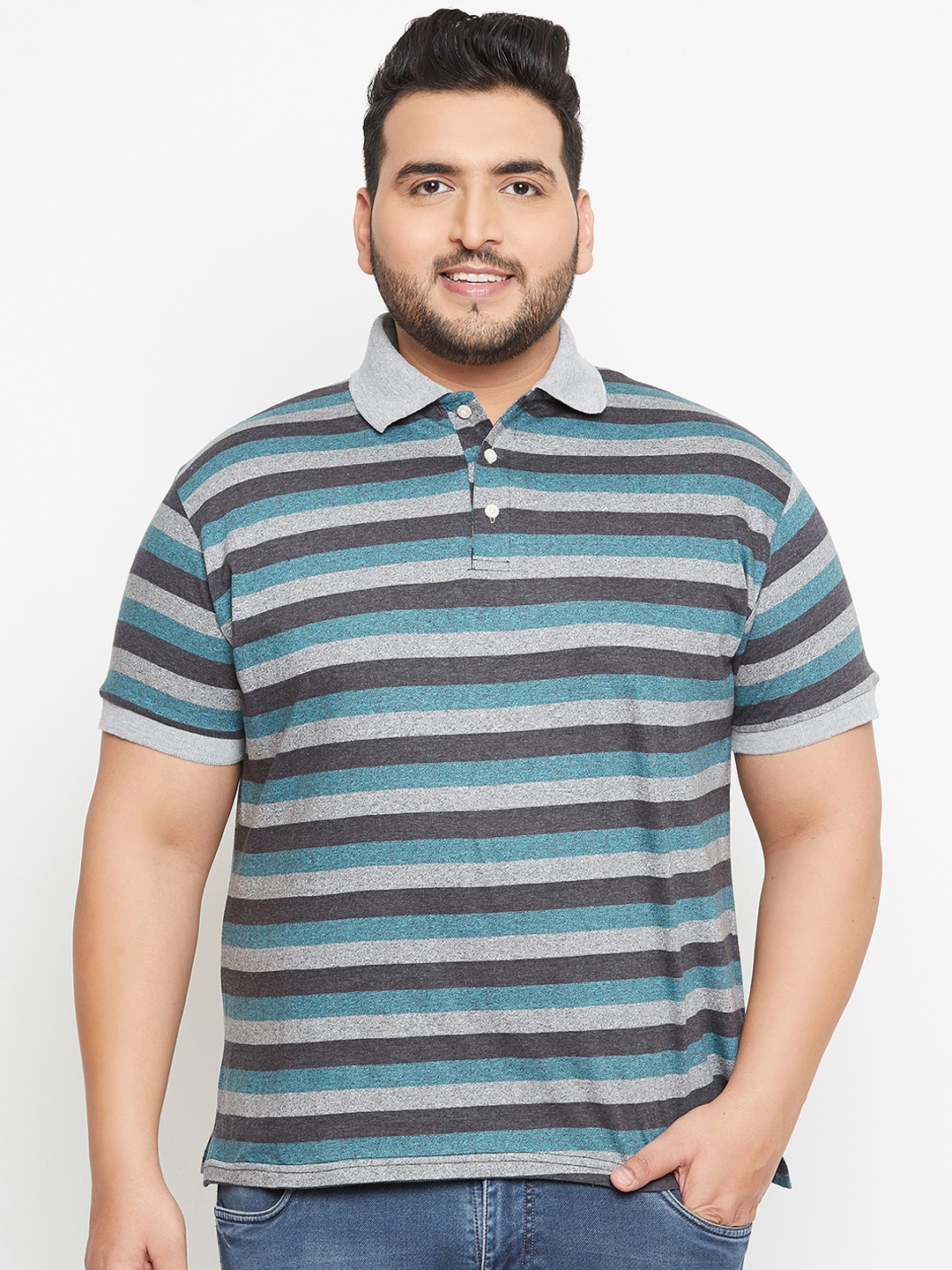 

bigbanana Plus Size Men Grey Striped Polo Collar Pure Cotton T-shirt