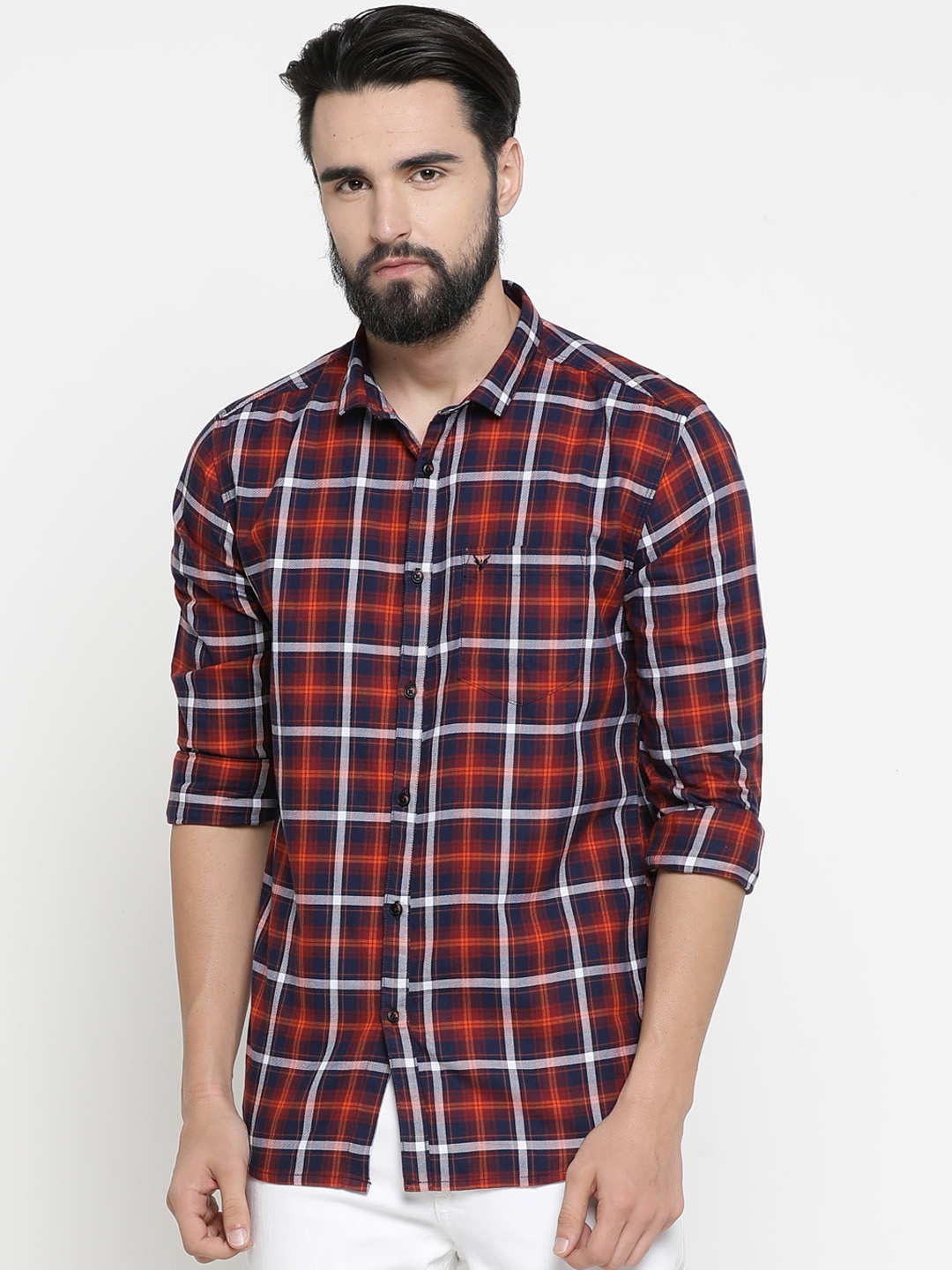 

SHOWOFF Men Navy Blue & Orange Slim Fit Checked Casual Shirt