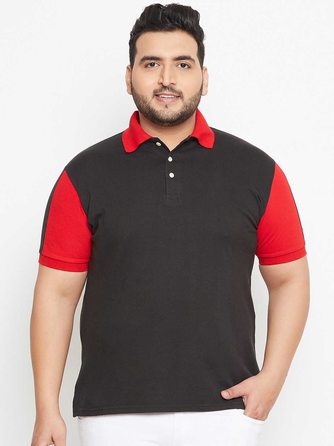 

bigbanana Plus Size Men Black Solid Polo Collar Pure Cotton T-shirt