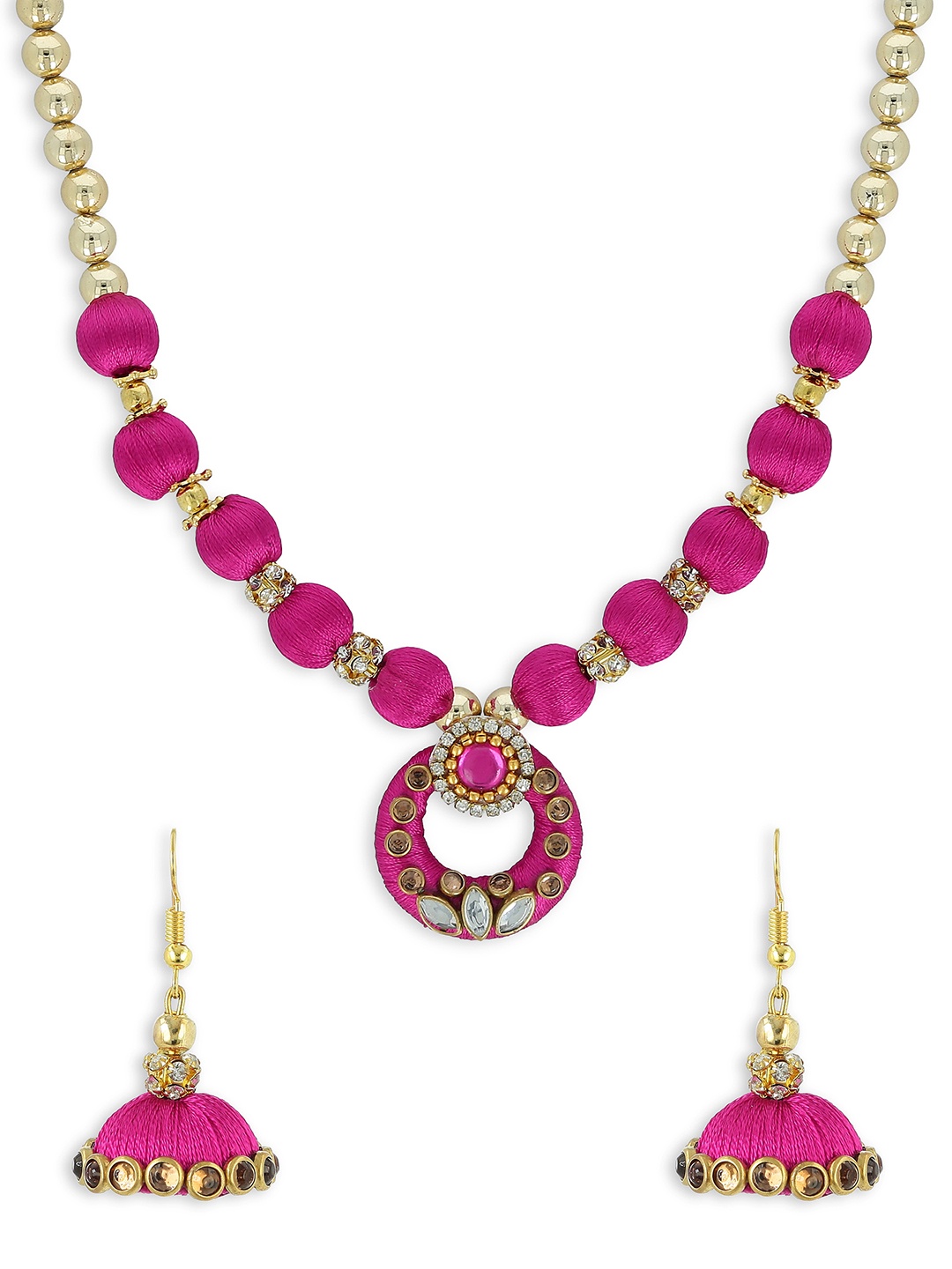 

AKSHARA Girls Magenta & Gold-Toned Kundan Studded Handcrafted Beaded Jewellery Set