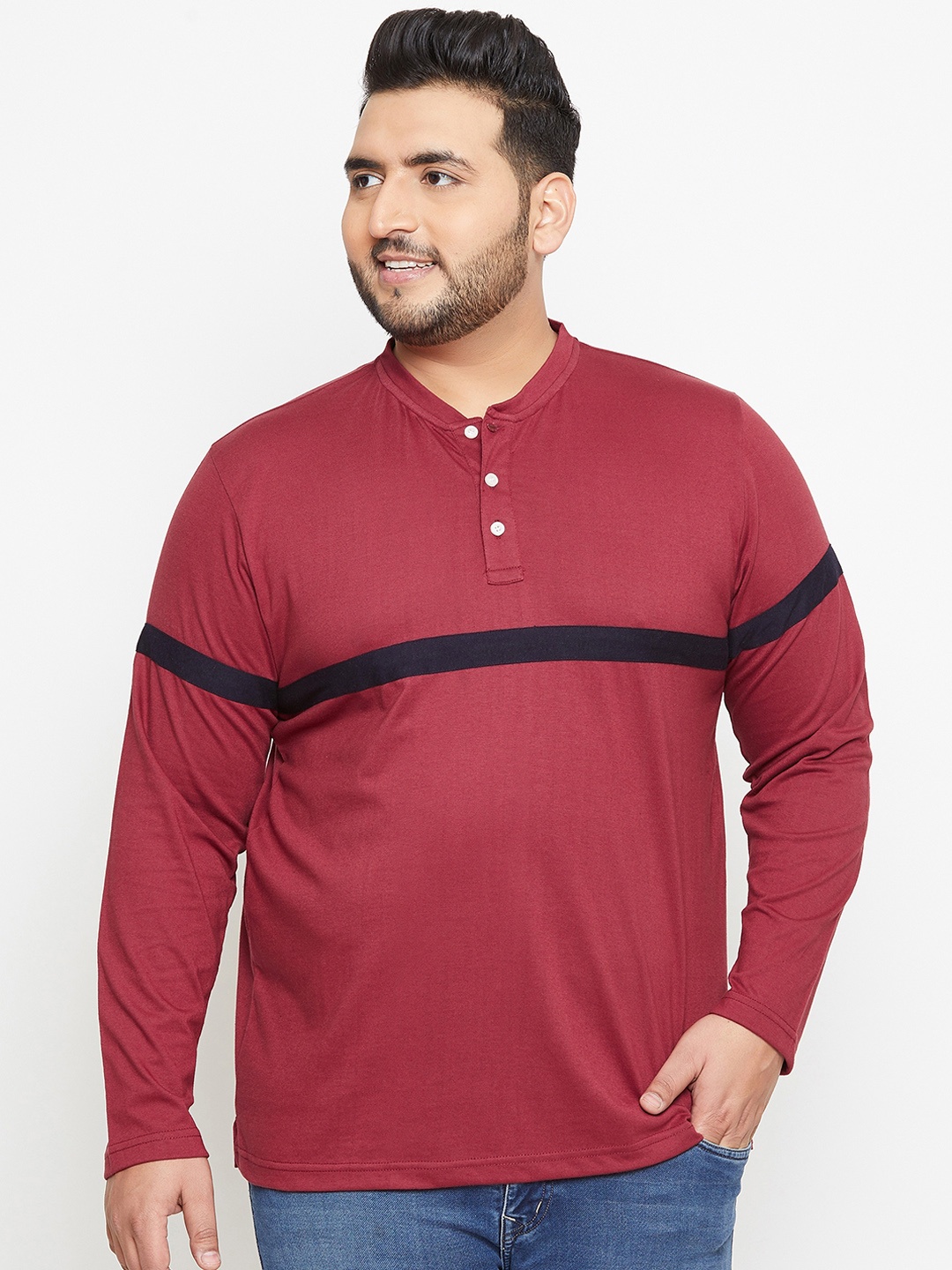 bigbanana Plus Size Men Red Solid Henley Neck Pure Cotton T-shirt