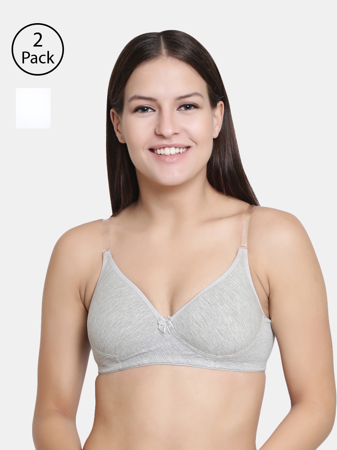 

Floret Grey Set Of 2 Melange & White Solid Non-Wired Lightly Padded T-shirt Bra, Grey melange
