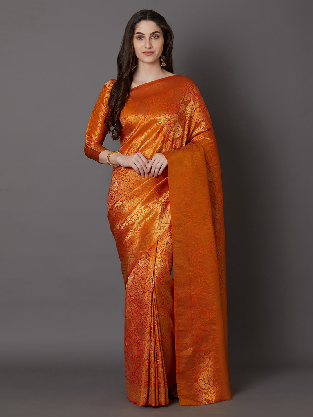 

Mitera Orange Silk Blend Woven Design Banarasi Saree