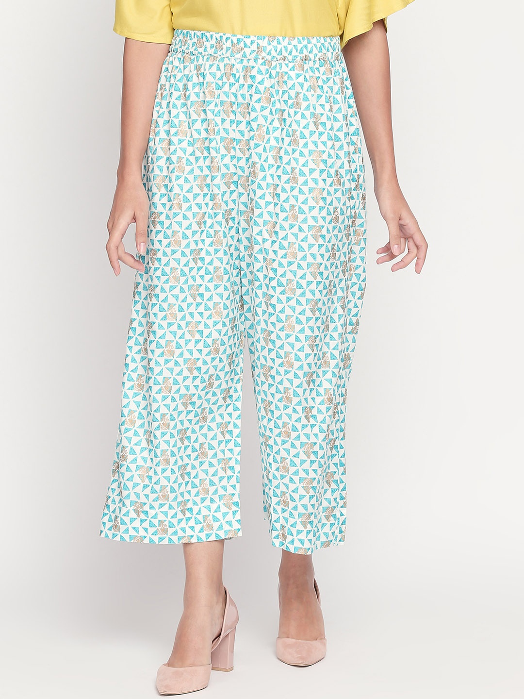 

RANGMANCH BY PANTALOONS Women Turquoise Blue Printed Trousers
