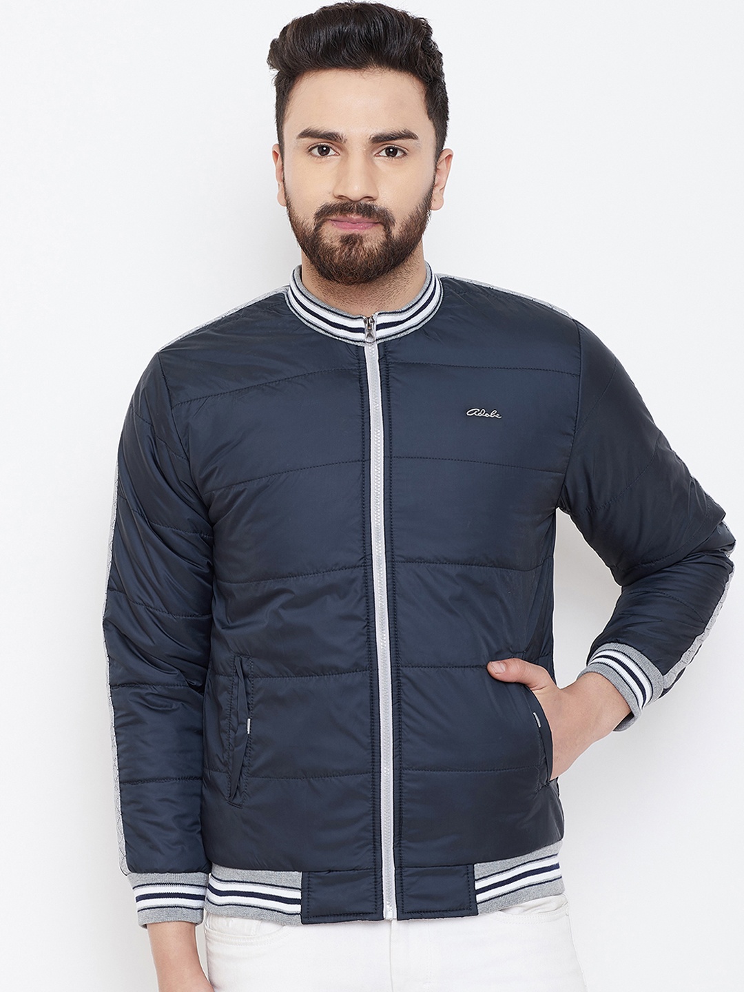 

Adobe Men Navy Blue Solid Padded Jacket