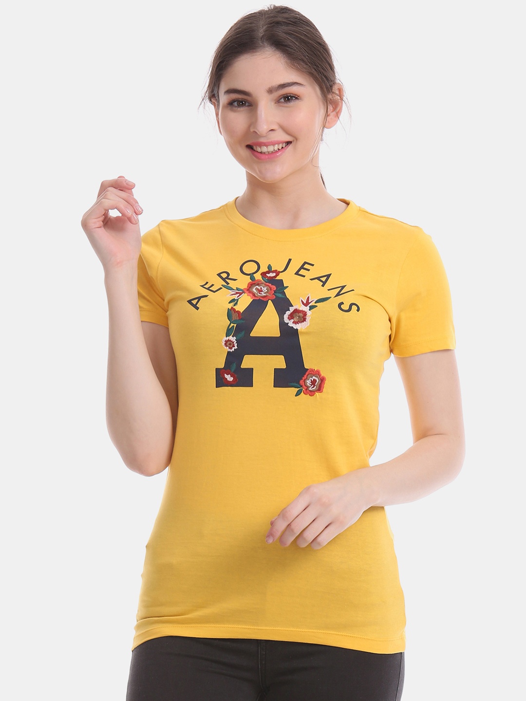 

Aeropostale Women Mustard Yellow Printed Round Neck T-shirt