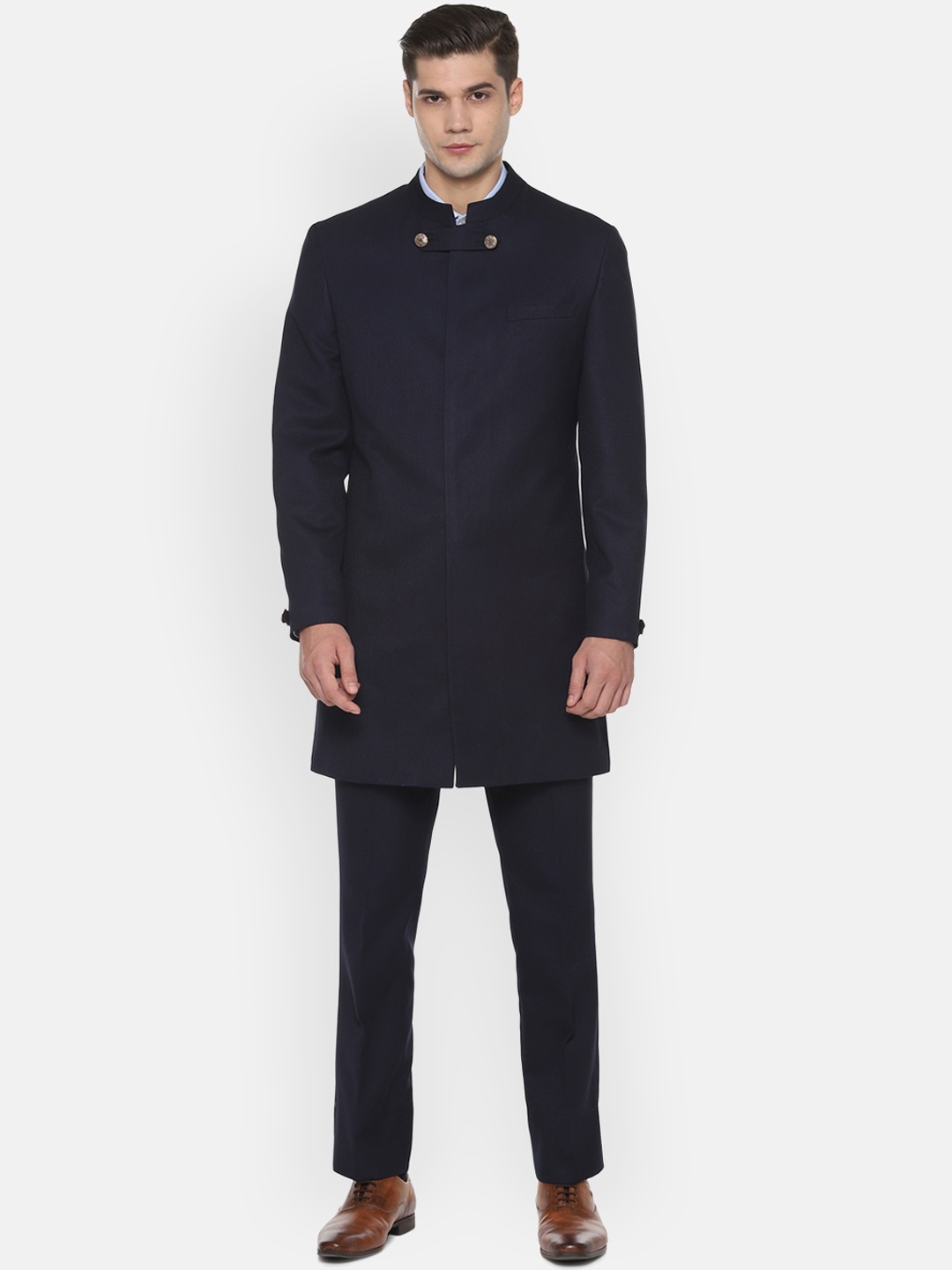 

V Dot Men Navy Blue Solid Single Breasted Slim-Fit Long Bandhgala Suit