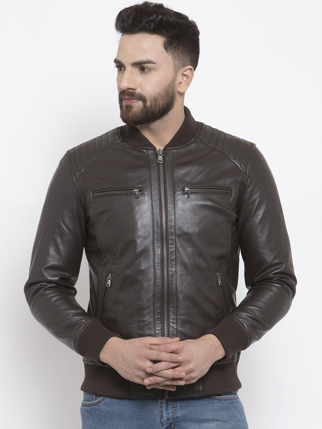

WELBAWT Men Brown Solid Lightweight Leather Jacket