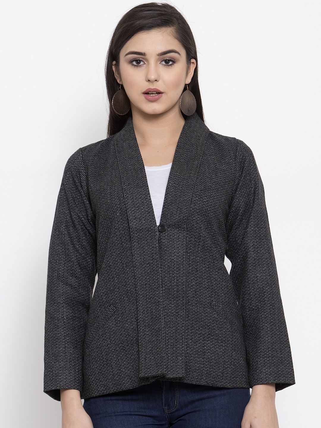 

Ayaany Women Black Self-Design Casual Woolen Coat