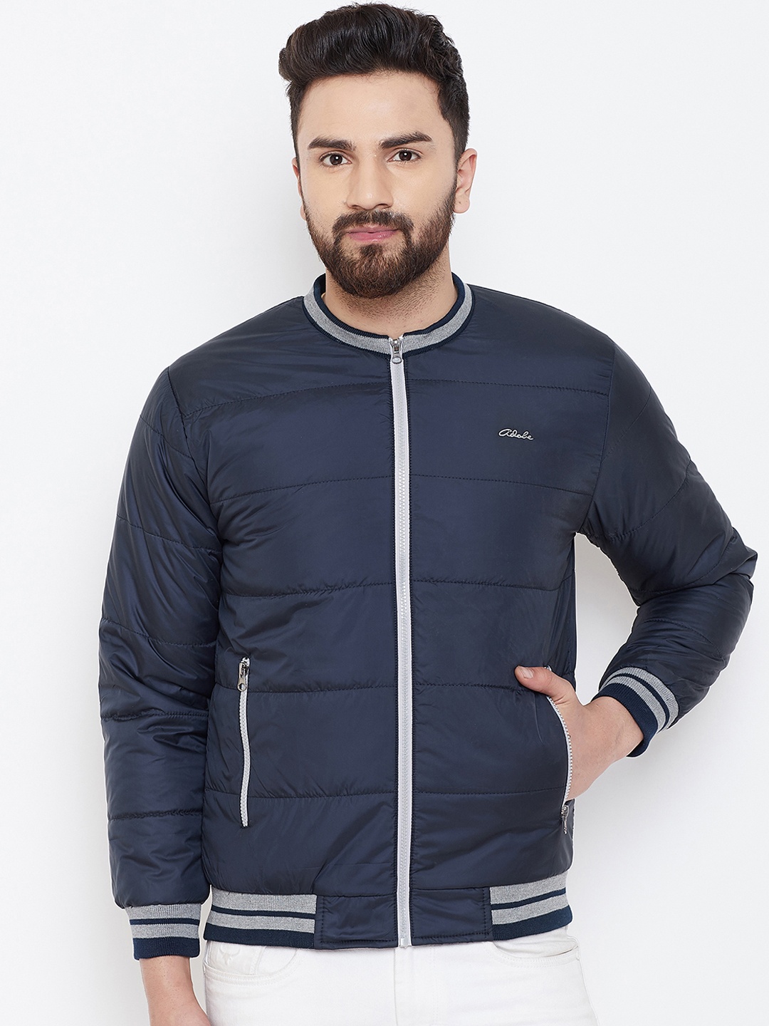 

Adobe Men Navy Blue Solid Padded Jacket