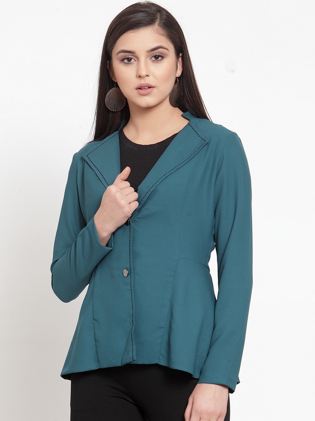 

KASSUALLY Women Teal Blue Solid Flared Hem Single-Breasted Blazer