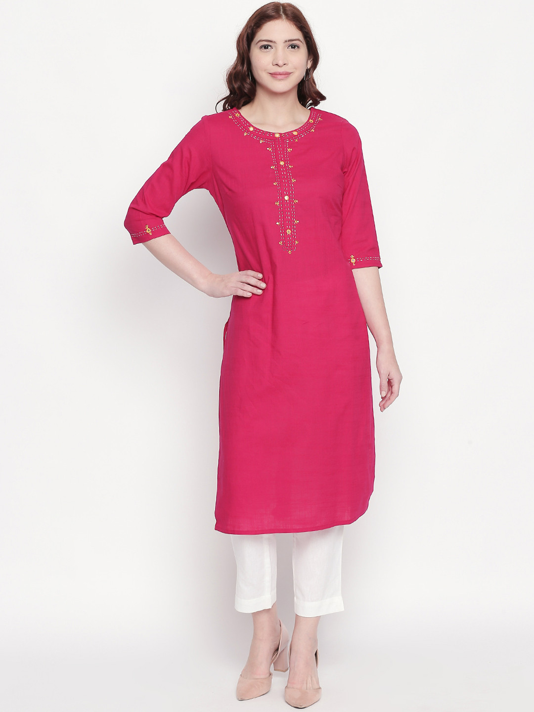 

RANGMANCH BY PANTALOONS Women Fuchsia Pink Embroidered Straight Kurta