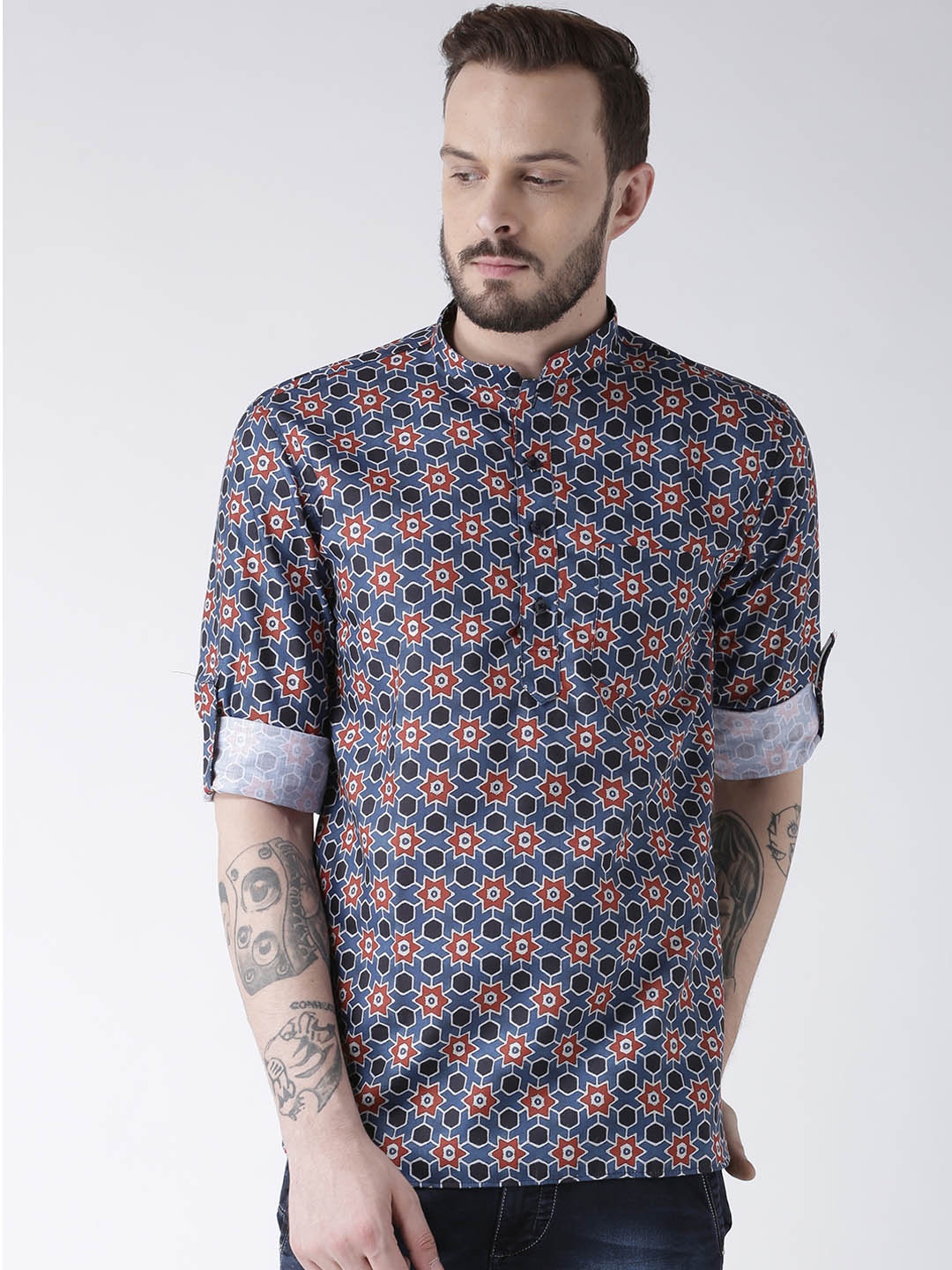 

Hangup Men Blue & Black Printed Straight Kurta