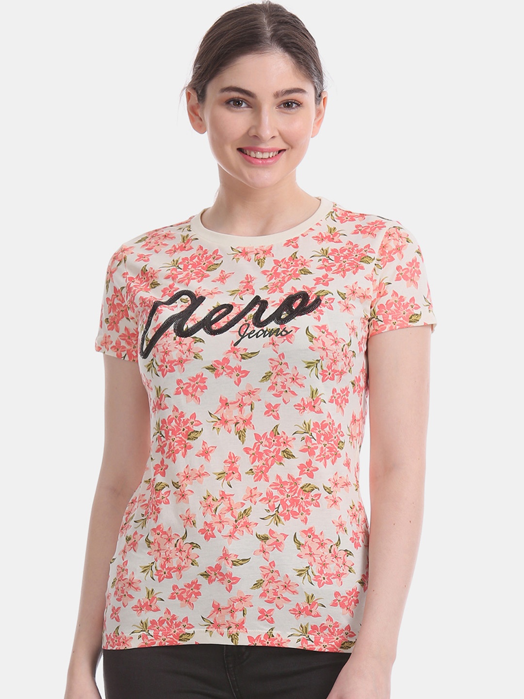 

Aeropostale Women Pink Printed Round Neck T-shirt