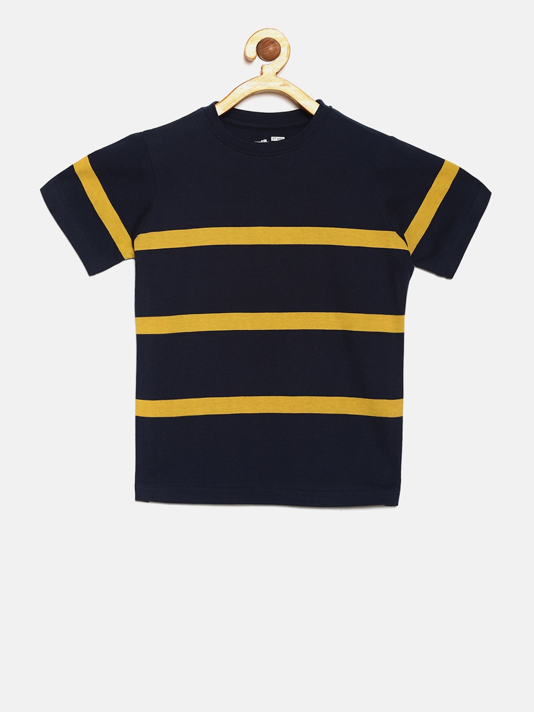 

DILLINGER Boys Navy Blue Yellow Striped Round Neck Pure Cotton T-shirt