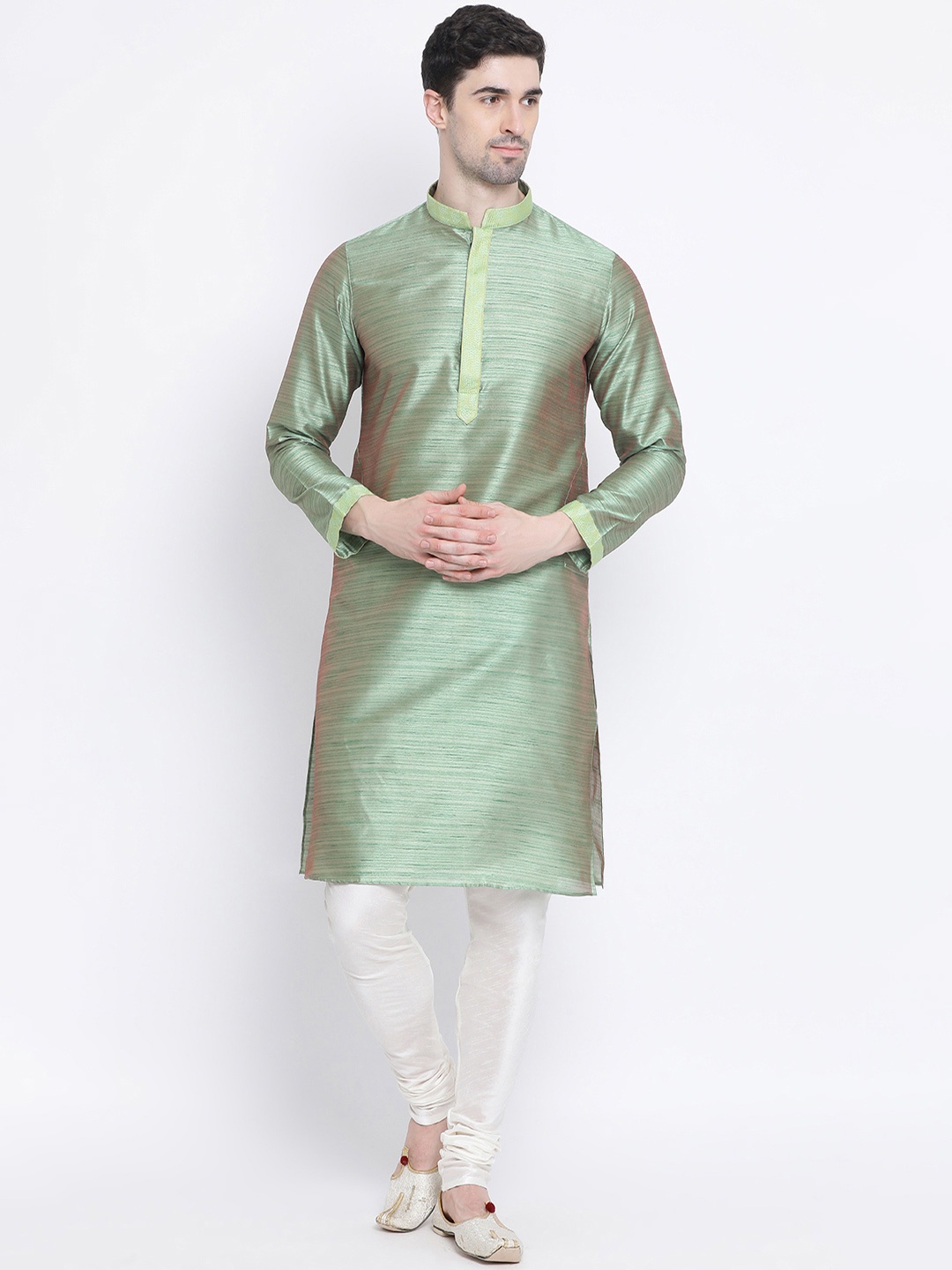 Sanwara Men Green Woven Design Straight Kurta