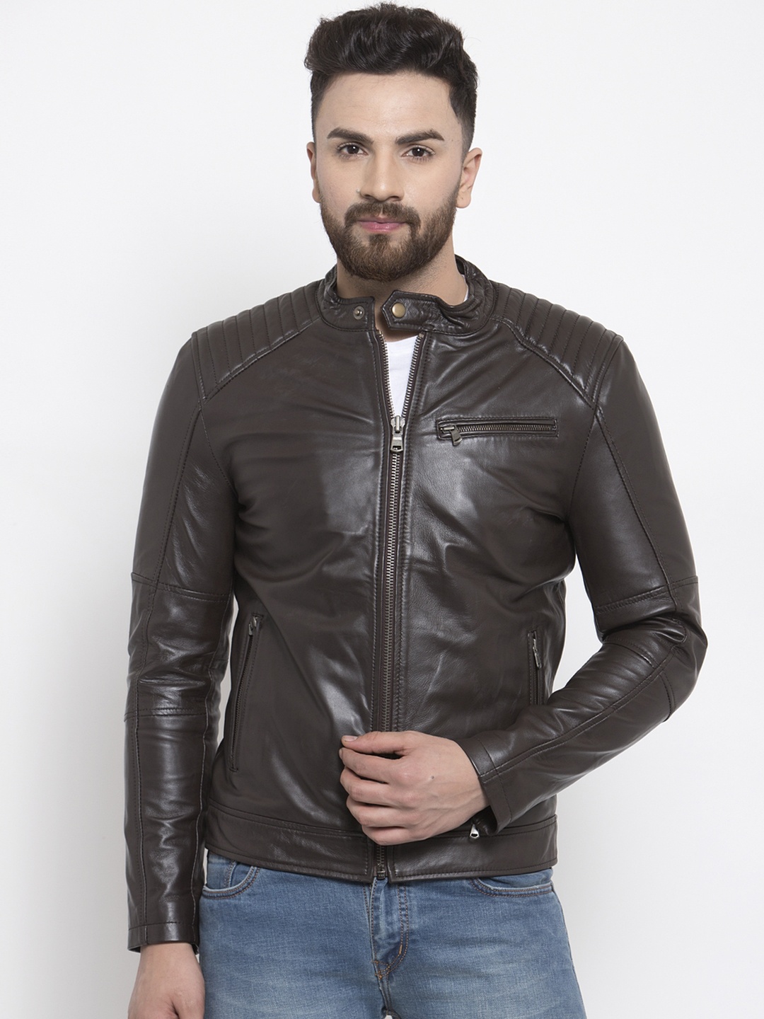 

WELBAWT Men Brown Solid Lightweight Leather Jacket