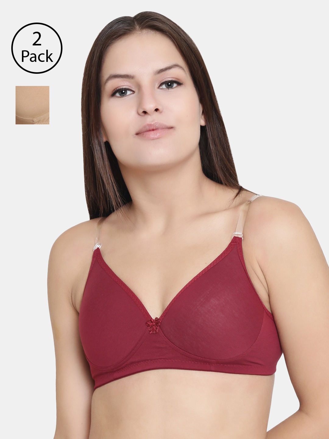 

Floret Set Of 2 Maroon & Nude-Coloured Solid Non-Wired Lightly Padded T-shirt Bra