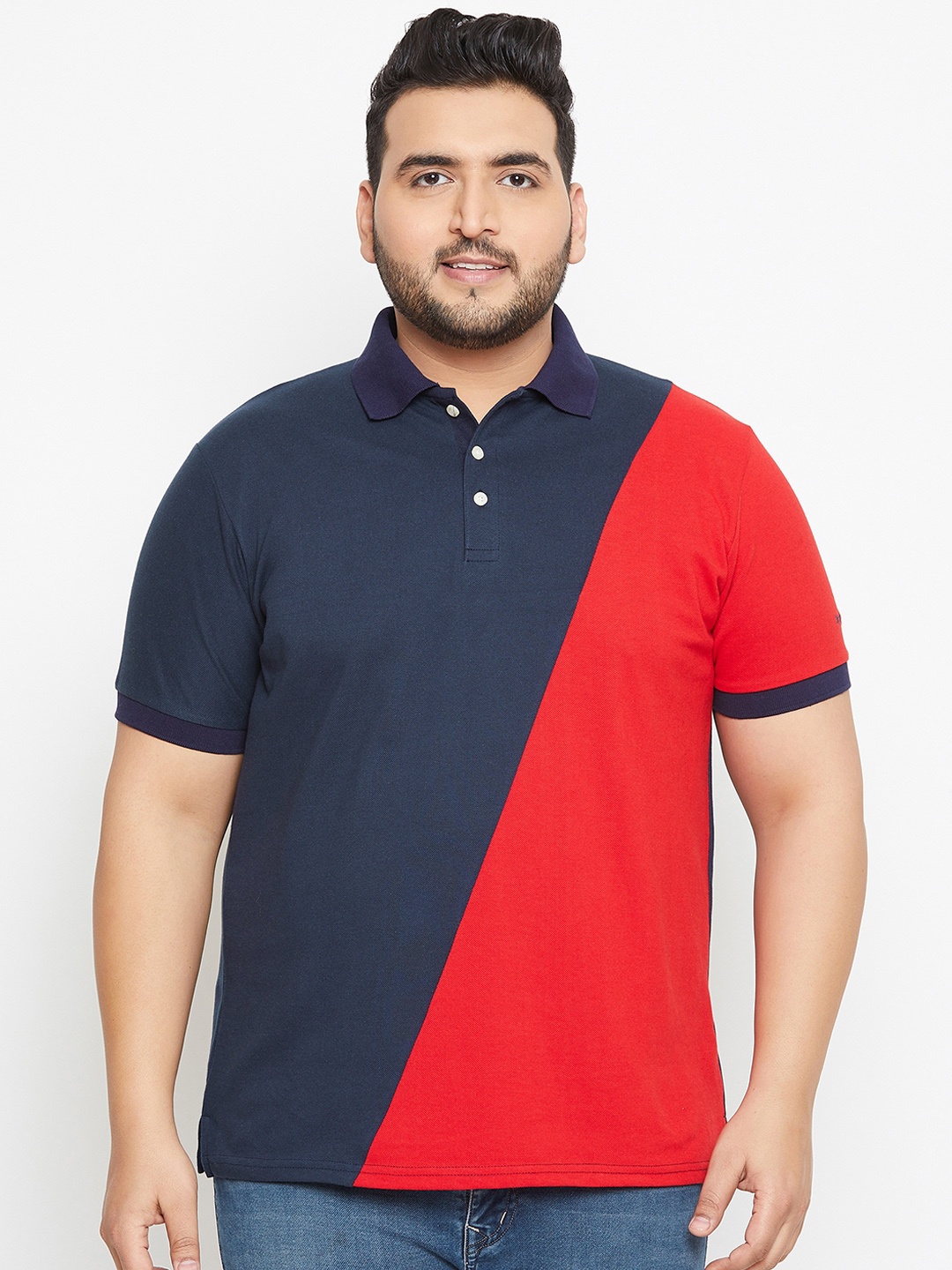 

bigbanana Plus Size Men Navy Blue Colourblocked Polo Collar Pure Cotton T-shirt