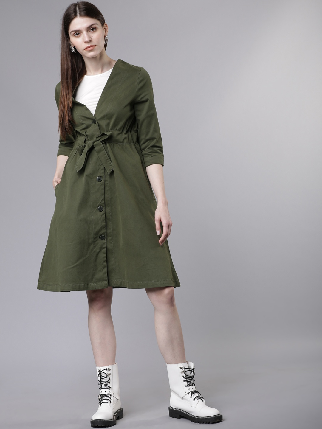 

Tokyo Talkies Women Olive Green Solid Fit and Flare Dress