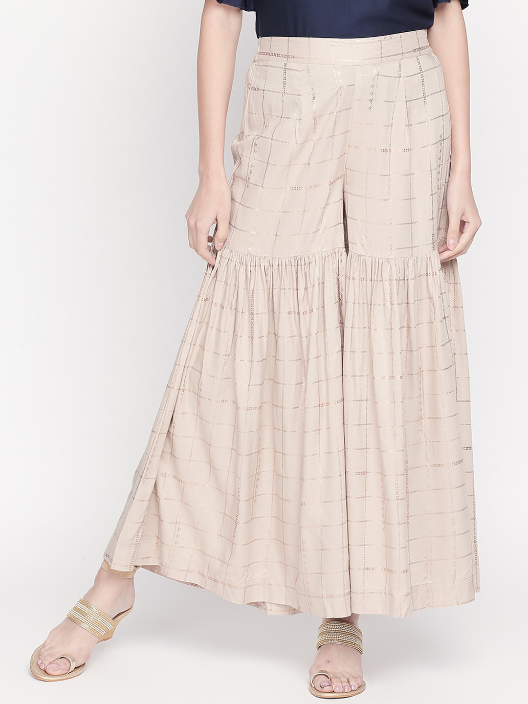 

RANGMANCH BY PANTALOONS Women Beige & Gold-Toned Checked Regular Fit Shararas