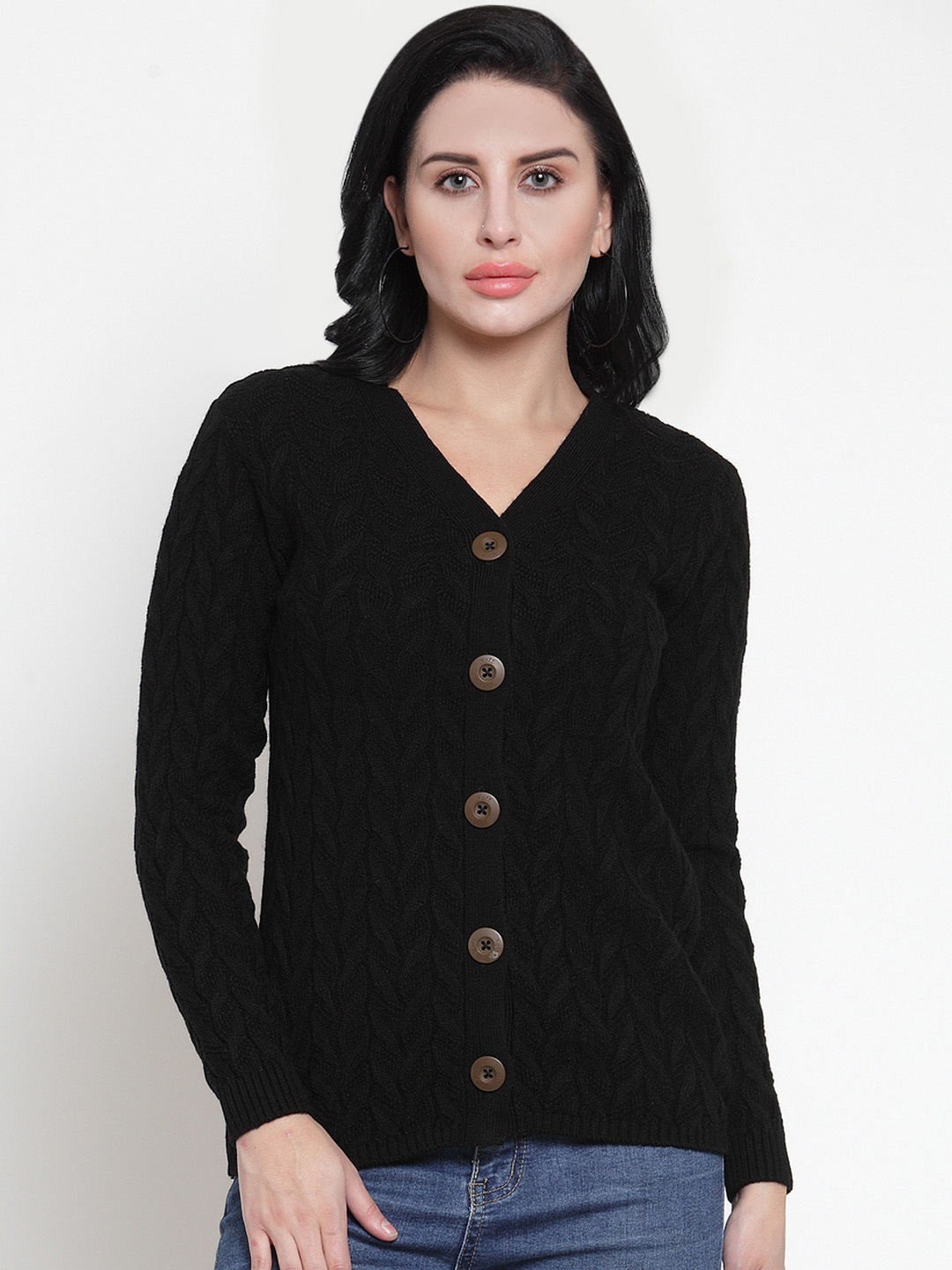 

Kalt Women Black Self Design Cardigan Sweater