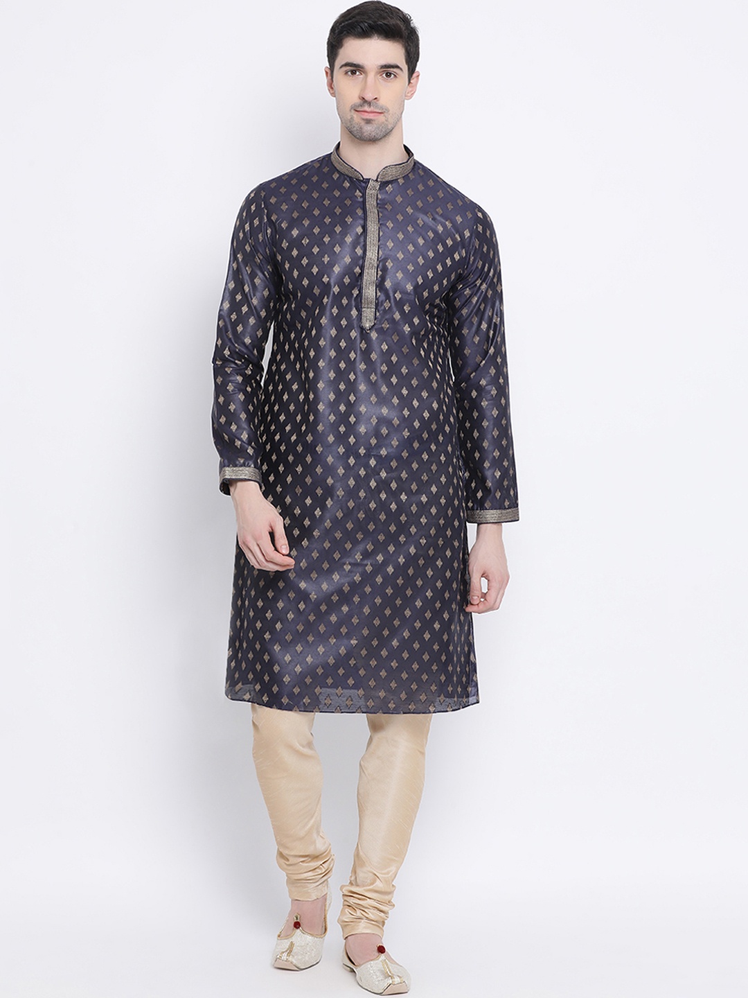 

Sanwara Men Blue Woven Design Silk Straight Kurta